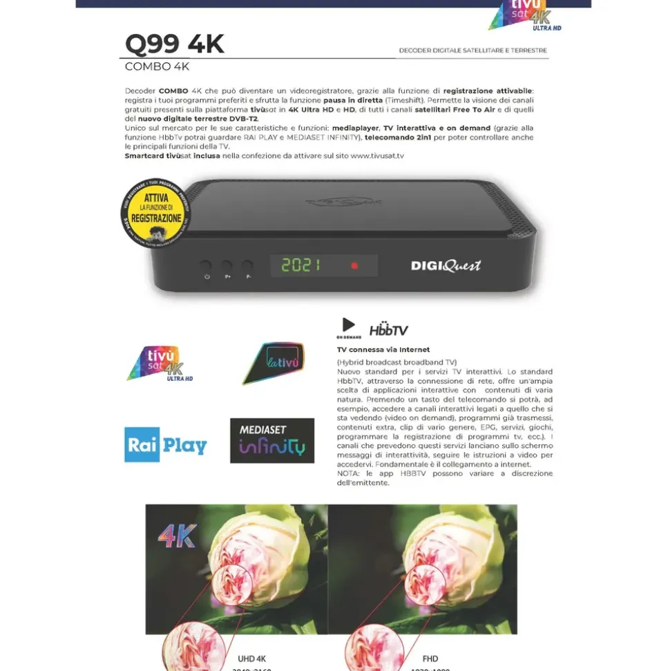 DIGIQuest TiVuSat Smartcard Schwarz + DIGIQuest Q99 4K Receiver mit WiFi Stick - tivùsat zertifiziert (bereits aktiviert), HEVC HDR, Rai Mediaset LA7, PVR ready, LAN, inkl. HDMI Kabel
