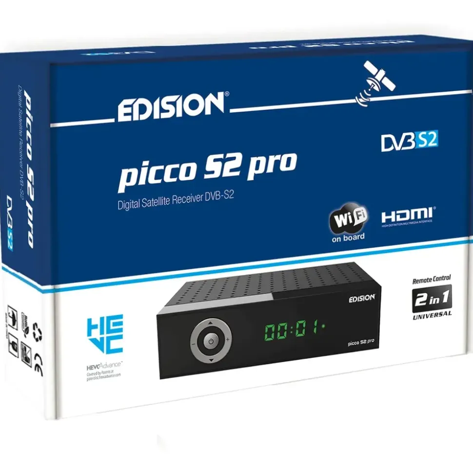 Edision Picco S2 pro Full HD Satelliten Receiver FTA, (DVB-S2 | ARD & ZDF SD Abschaltung tauglich) Unicable tauglich, 2in1 RCU, WiFi, HDTV, HDMI, S/PDIF, IR, Vorinstallierte deutsche Programmliste