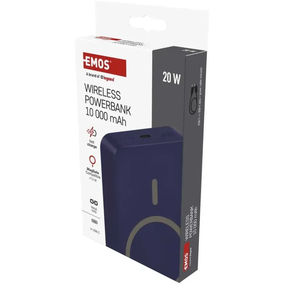 EMOS Powerbank WI 1046, 10000 mAh MagSafe mit Passthrough und Wireless-Charging, USB-C-Ausgang inkl. Kabel - für iPhone, Smartphone, - blau, B0551BL - Blau