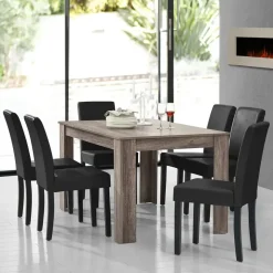 [en.casa] Esstisch Eiche antik mit 6 Stühlen schwarz Kunstleder gepolstert 140x90 Essgruppe Esszimmer