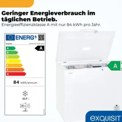 Exquisit Gefriertruhe GT220-HE-010A weiß | 217 l Nutzinhalt | Energieklasse A | Schnellgefrieren | LED-Anzeige | abschließbare Tür