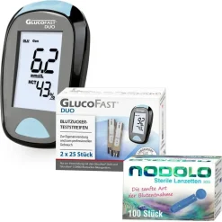 Glucofast Duo Blutzuckermessgerät mmol/l inkl. 60 Teststreifen und 110 Lanzetten