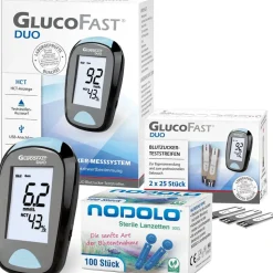 Glucofast Duo Blutzuckermessgerät mmol/l inkl. 60 Teststreifen und 110 Lanzetten