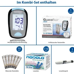 Glucofast Duo Blutzuckermessgerät mmol/l inkl. 60 Teststreifen und 110 Lanzetten