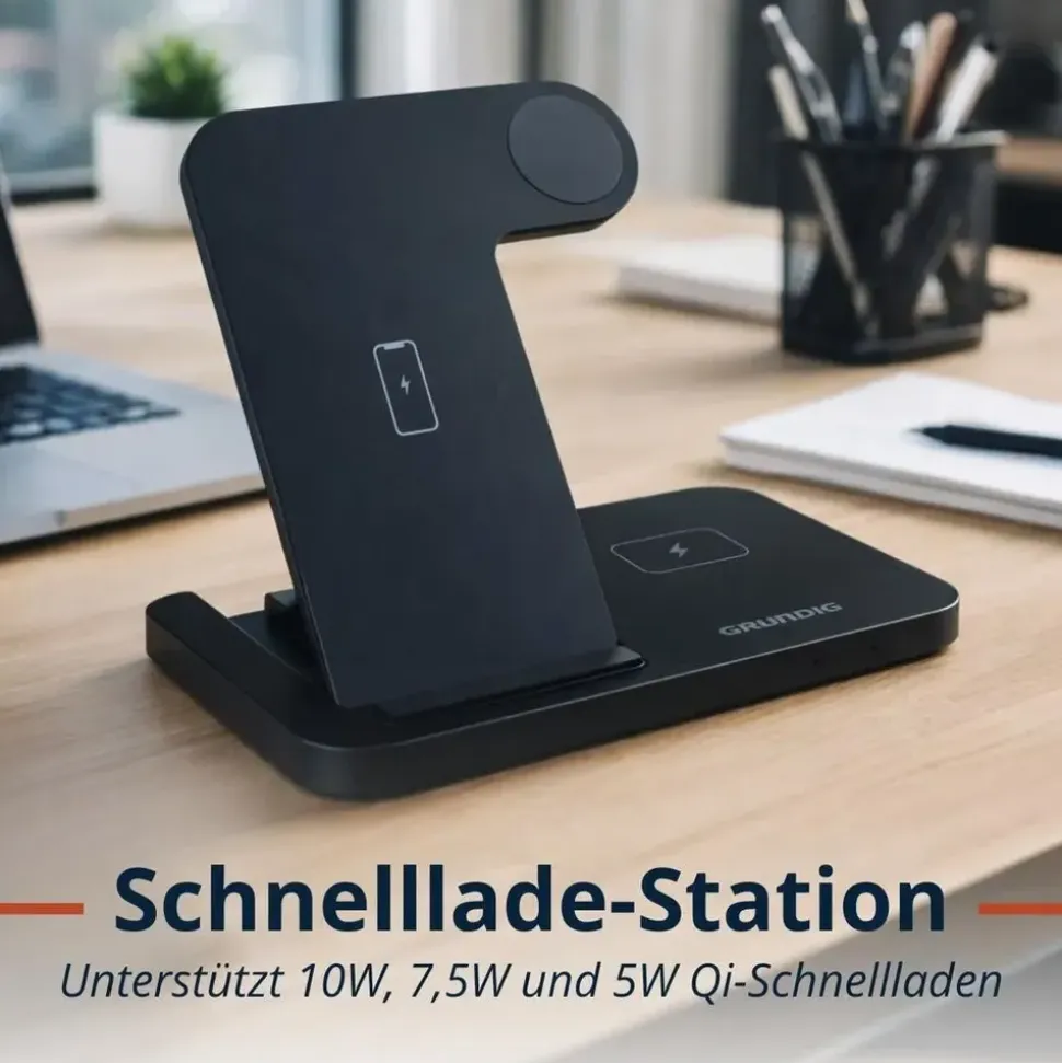 Grundig 3-in-1 Ladestation Apple Watch und iPhone – Qi Ladegerät mit Ladefunktion für Smartphone, Smartwatch, Kopfhörer – Wireless Charger – Faltbar