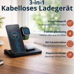 Grundig 3-in-1 Ladestation Apple Watch und iPhone – Qi Ladegerät mit Ladefunktion für Smartphone, Smartwatch, Kopfhörer – Wireless Charger – Faltbar