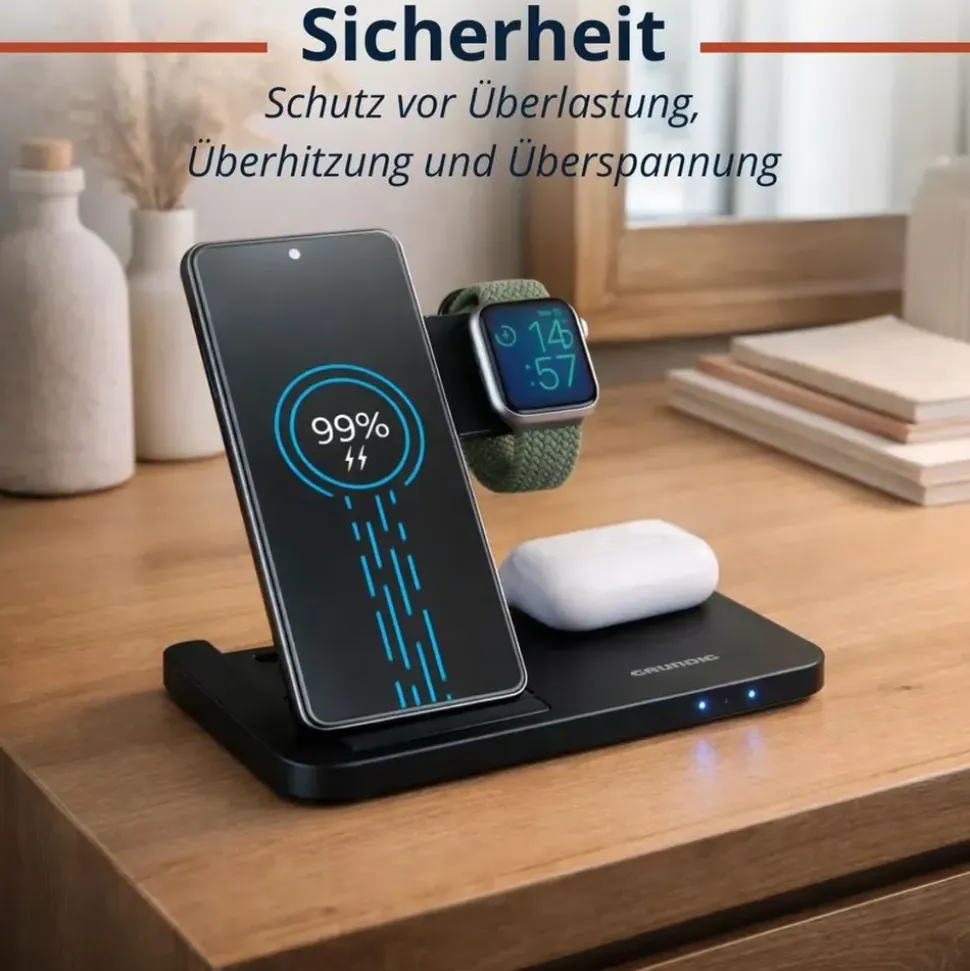 Grundig 3-in-1 Ladestation Apple Watch und iPhone – Qi Ladegerät mit Ladefunktion für Smartphone, Smartwatch, Kopfhörer – Wireless Charger – Faltbar