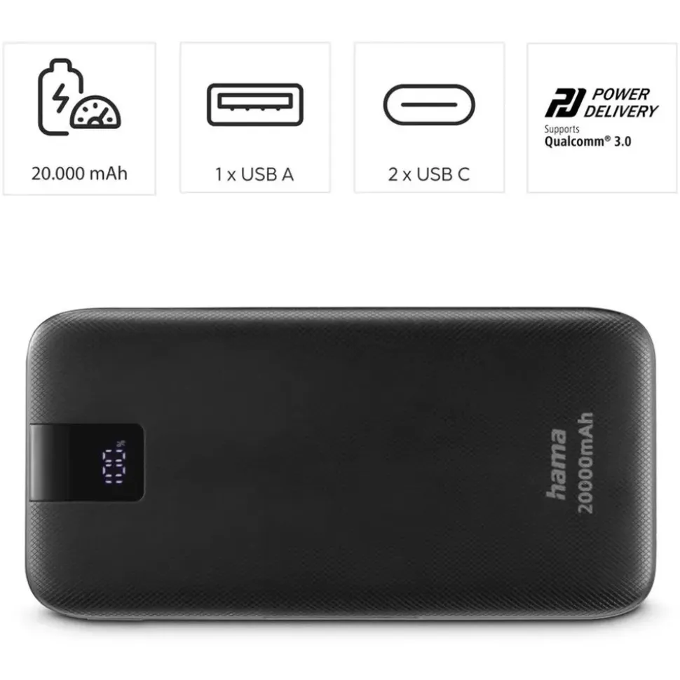 Hama Power Pack PD 20 mit 2 Ausgängen USB-C/USB-A 20.000mAh Anthrazit