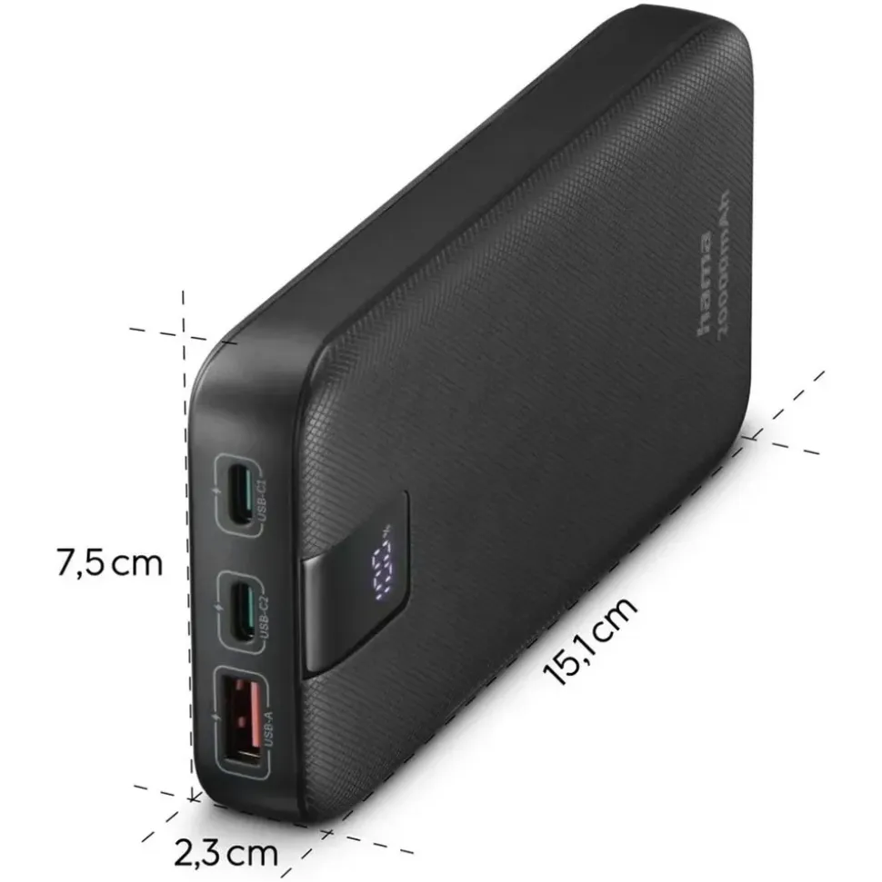 Hama Power Pack PD 20 mit 2 Ausgängen USB-C/USB-A 20.000mAh Anthrazit