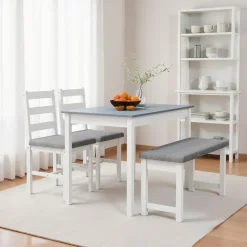Homcom Essgruppe Esstisch mit 2 Stühlen, Bank 4-Teiliges Esstisch-Set Esszimmergruppe mit Leinenoptik, Kiefernholz, Grau, Weiß 108L x 65B x 75H cm