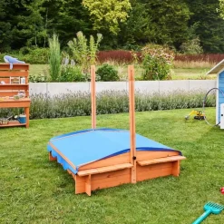 Home Deluxe Holzsandkasten Buddelkiste mit Dach Blau