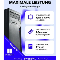 HYPER BYTE Office PC AMD Ryzen 3 3200G 16 GB RAM 1 TB SSD