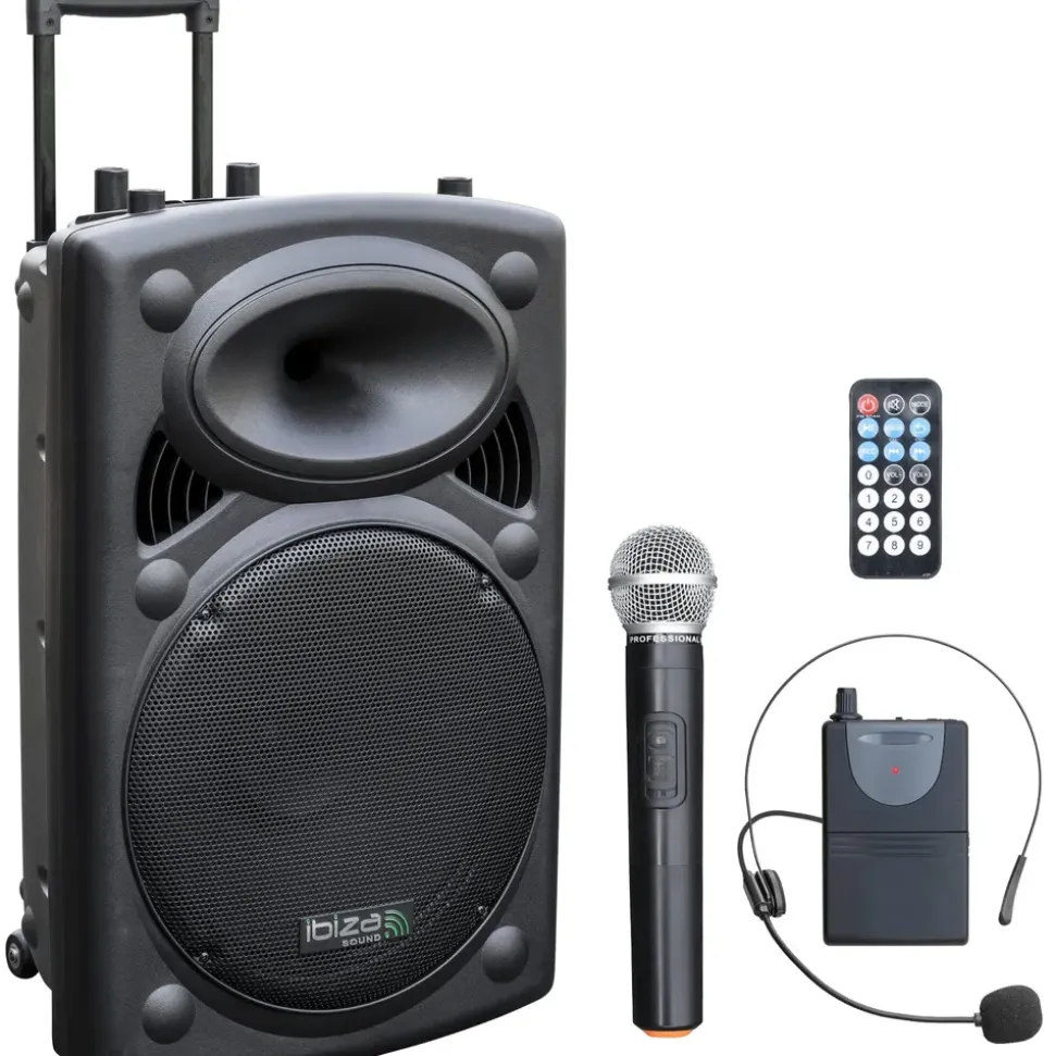 Ibiza Port15VHF-BT mobile 38cm PA-DJ-Anlage PA-Box Bluetooth-Lautsprecher inkl. Funkmikrofon, Fernebdienung (400W RMS, Akku-Betrieb,USB/SD, Radio) schwarz
