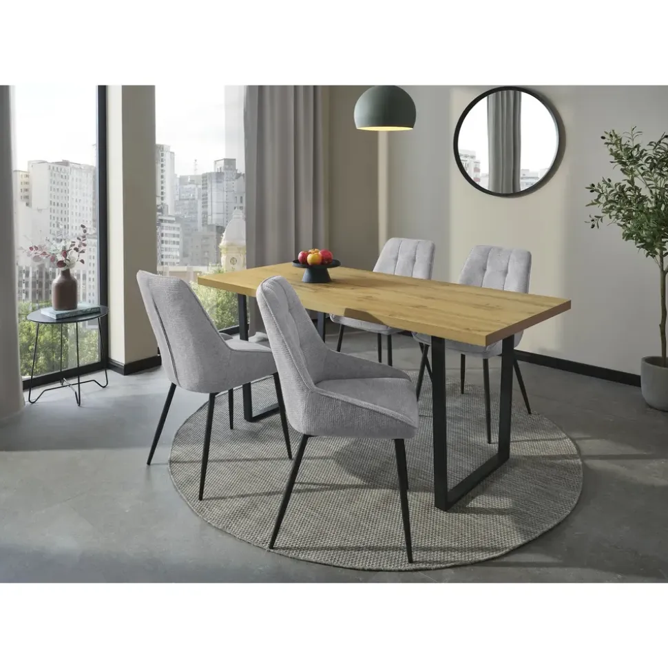 Jockenhöfer Gruppe Essgruppe ROGER, Sitzgruppe, Esstisch 160 cm, 4 Stühle, (Set, 5-tlg., Esstisch 160 cm plus 4 Esszimmerstühle), Tischplatte Wildeiche, Stühle mit Webstoff braun|grau