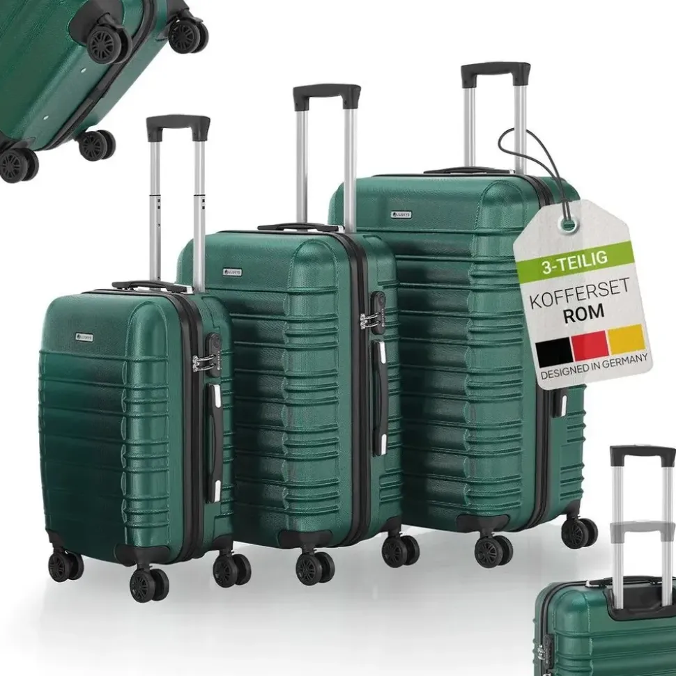 Juskys Hartschale Kofferset Reisekoffer 3 teilig - Zahlenschloss, 360° Rollen, Teleskopgriff, - Dunkelgrün