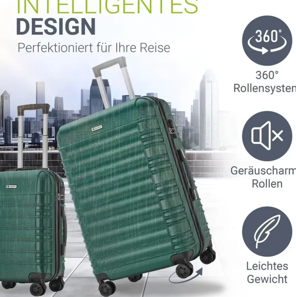 Juskys Hartschale Kofferset Reisekoffer 3 teilig - Zahlenschloss, 360° Rollen, Teleskopgriff, - Dunkelgrün