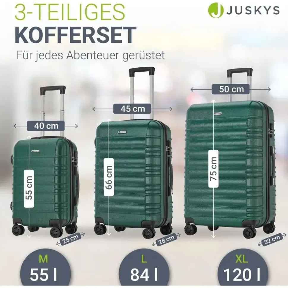 Juskys Hartschale Kofferset Reisekoffer 3 teilig - Zahlenschloss, 360° Rollen, Teleskopgriff, - Dunkelgrün