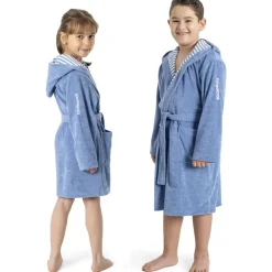 KangaROOS Kinderbademantel KANGAROOS "Dalia, Ideal für Zuhause, Schwimmbad oder im Urlaub" Gr. 104, blau, L:61cm, Veloursfrottier, Hausmäntel, Uni-Farben mit Streifen
