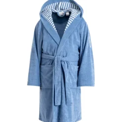 KangaROOS Kinderbademantel KANGAROOS "Dalia, Ideal für Zuhause, Schwimmbad oder im Urlaub" Gr. 152, blau, L:102cm, Veloursfrottier, Hausmäntel, Uni-Farben mit Streifen