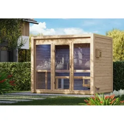 Karibu Gartensauna Saunahaus Hycore 3 - 38 mm naturbelassen Klarglas Ganzglastür Ohne Ofen