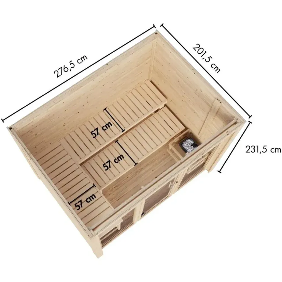 Karibu Gartensauna Saunahaus Hycore 3 - 38 mm naturbelassen Klarglas Ganzglastür Ohne Ofen