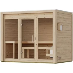Karibu Gartensauna Saunahaus Hycore 3 - 38 mm naturbelassen Klarglas Ganzglastür Ohne Ofen