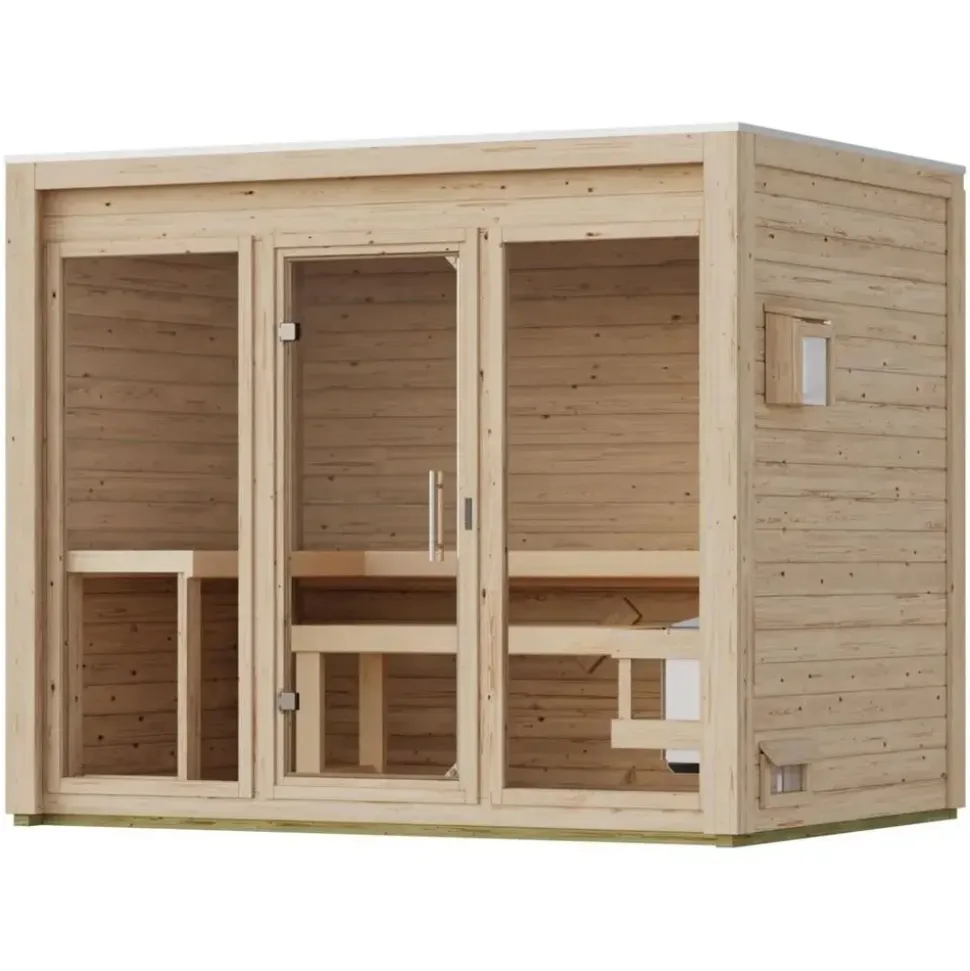 Karibu Gartensauna Saunahaus Hycore 3 - 38 mm naturbelassen Klarglas Ganzglastür Ohne Ofen