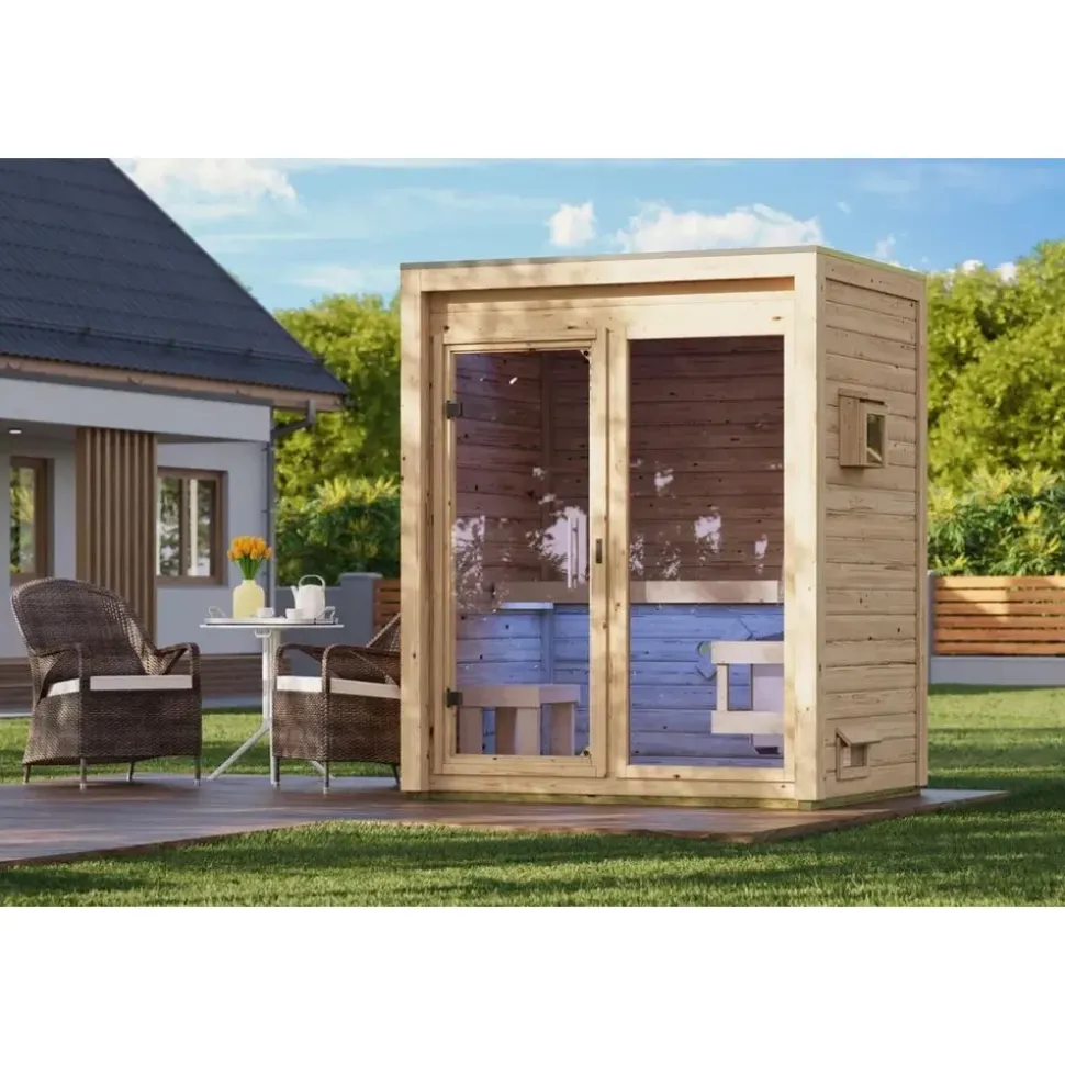 Karibu Gartensauna Saunahaus Hycore 1 - 38 mm naturbelassen Klarglas Ganzglastür Ohne Ofen