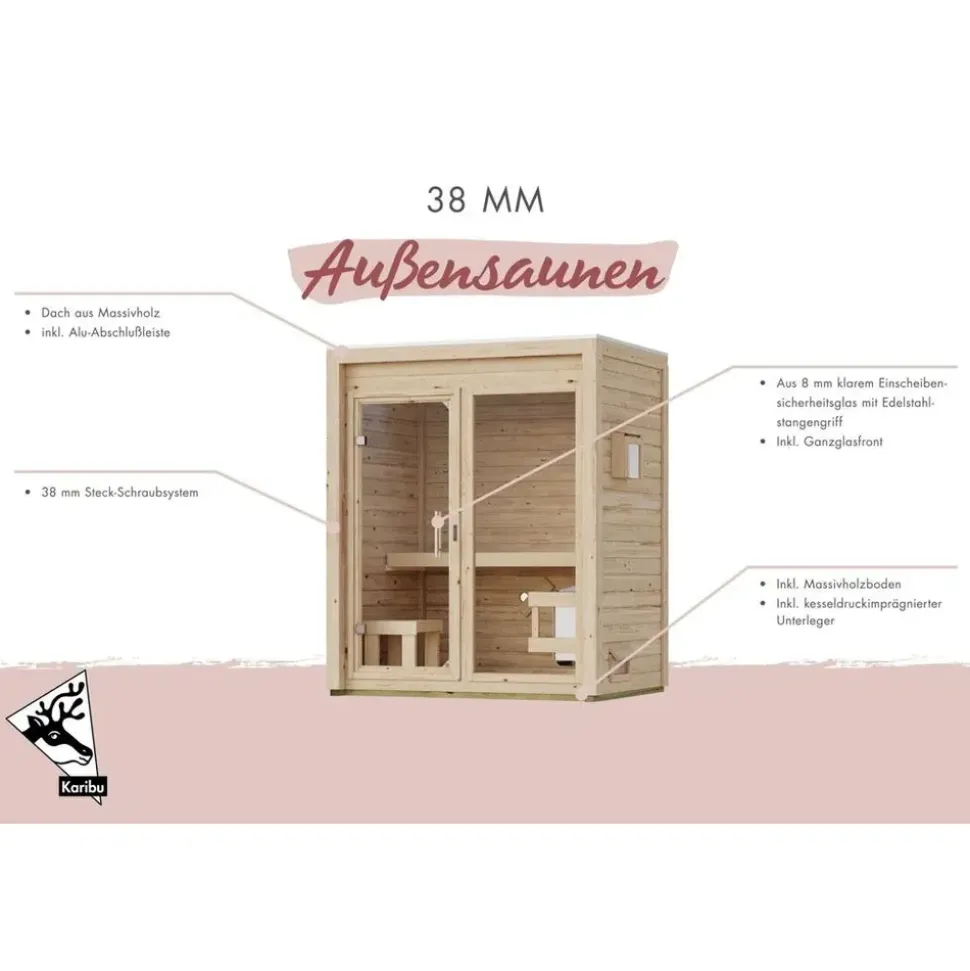 Karibu Gartensauna Saunahaus Hycore 1 - 38 mm naturbelassen Klarglas Ganzglastür Ohne Ofen