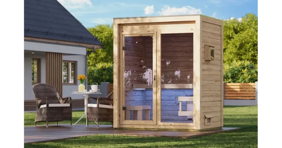 Karibu Gartensauna Saunahaus Hycore 1 - 38 mm naturbelassen Klarglas Ganzglastür Ohne Ofen