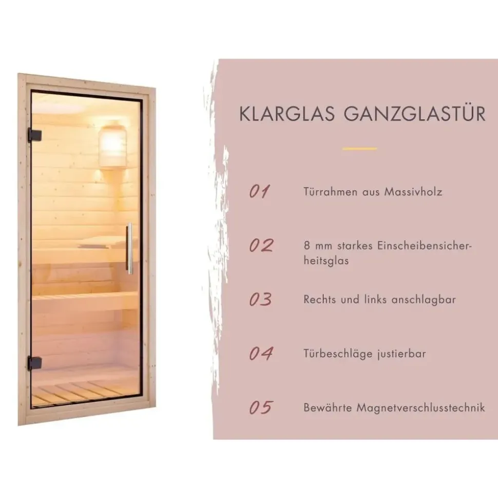 Karibu Gartensauna Saunahaus Hycore 1 - 38 mm naturbelassen Klarglas Ganzglastür Ohne Ofen