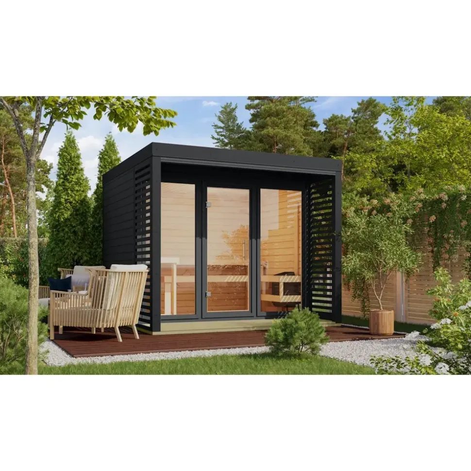 Karibu 38 mm Saunahaus Ares 3 Anthrazit/Anthrazit inkl. 9 kW Ofen Bio + ext. Steuerung
