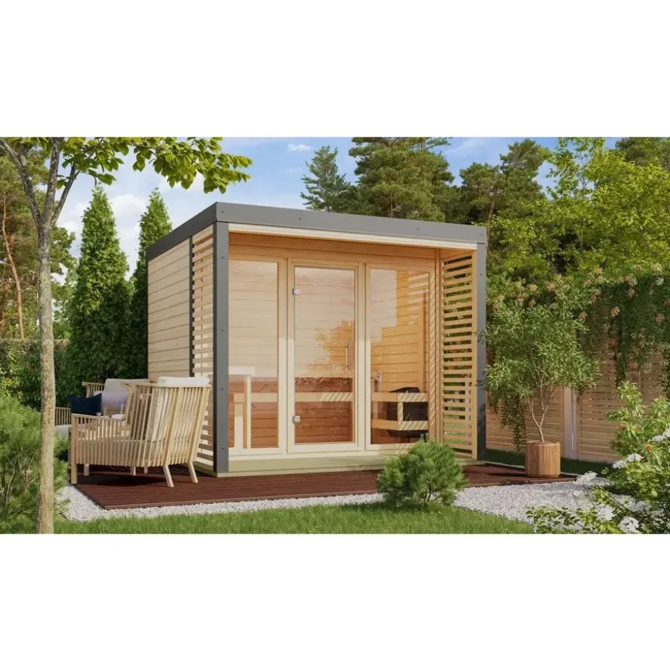 Karibu 38 mm Saunahaus Ares 3 Naturbelassen/Graualuminium ohne Ofen