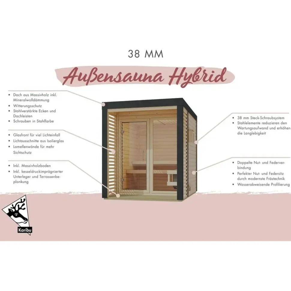 Karibu 38 mm Saunahaus Ares 3 Naturbelassen/Graualuminium ohne Ofen