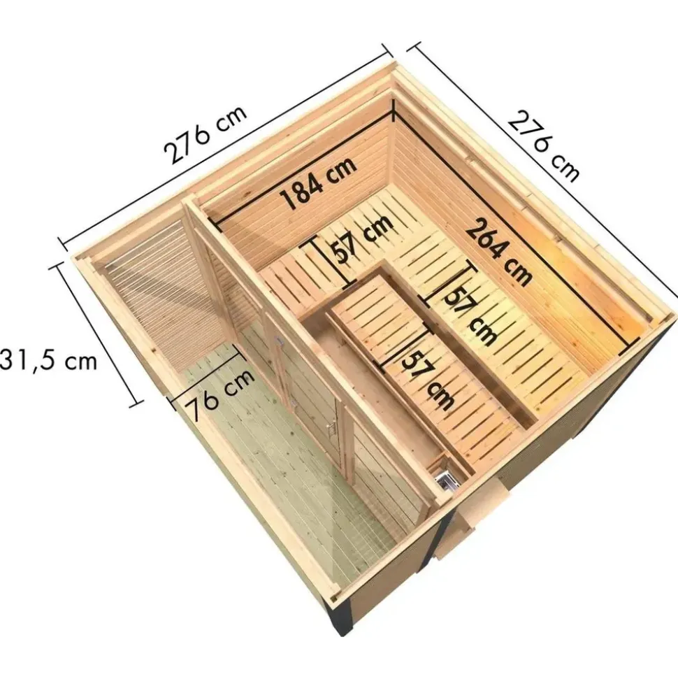 Karibu 38 mm Saunahaus Ares 3 Naturbelassen/Graualuminium ohne Ofen