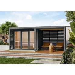 Karibu 38 mm Saunahaus Ares 3 Naturbelassen/Graualuminium + Anbaudach ohne Ofen