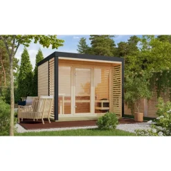 Karibu 38 mm Saunahaus Ares 3 Naturbelassen/Anthrazit inkl. 9 kW Ofen + ext. Steuerung