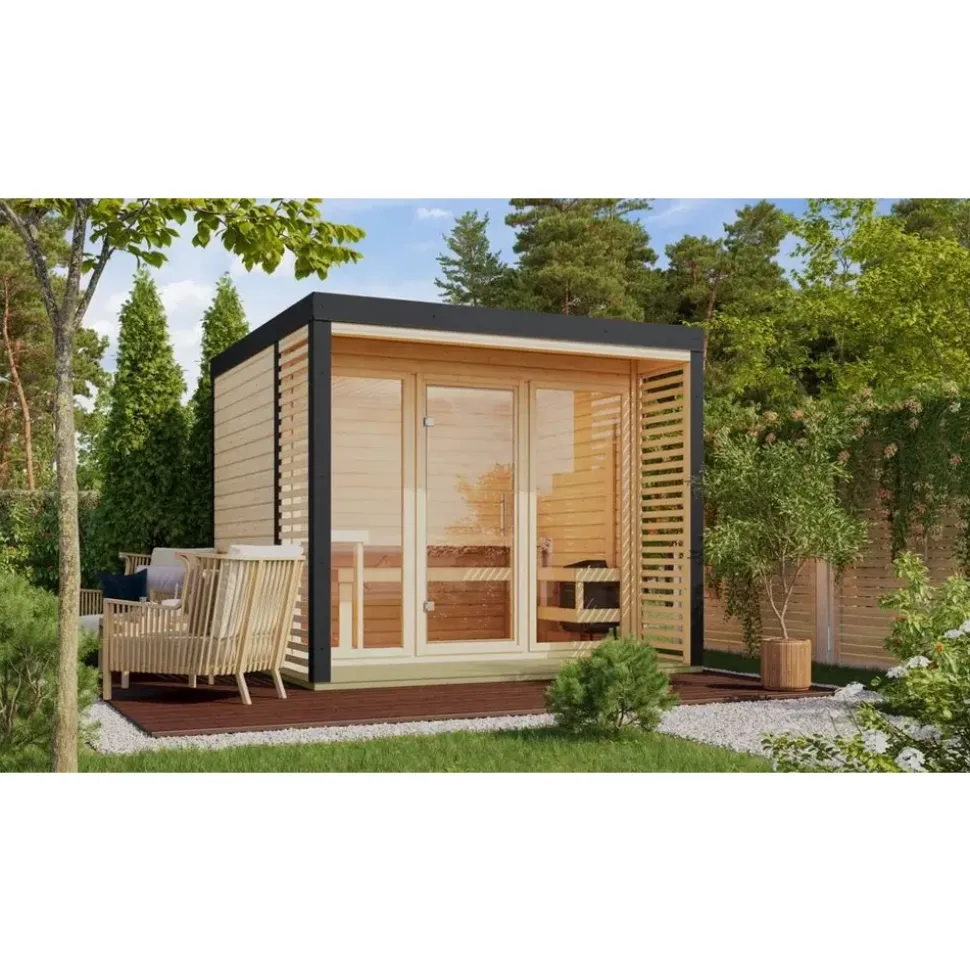 Karibu 38 mm Saunahaus Ares 3 Naturbelassen/Anthrazit inkl. 9 kW Ofen + ext. Steuerung