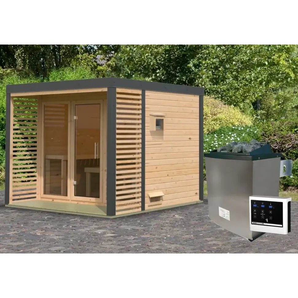 Karibu 38 mm Saunahaus Ares 3 Naturbelassen/Anthrazit inkl. 9 kW Ofen + ext. Steuerung