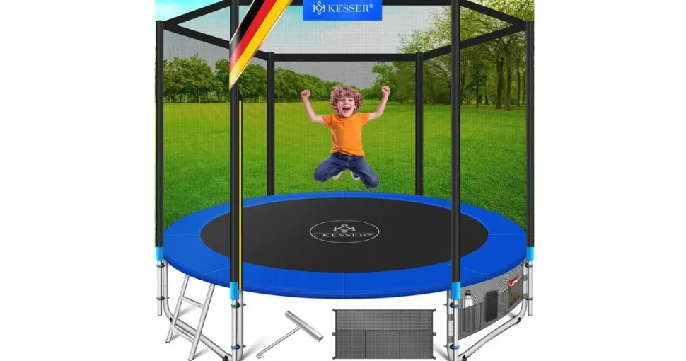 Kesser Trampoline Komplettset 366 cm inkl. Sicherheitsnetz, Leiter und Randabdeckung blau