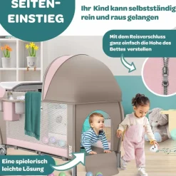 Kidiz KIDIZ® Babybett Reisebett Kinderreisebett Faltbar mit Matratze 120x60, Seiteneingang, Wickelauflage, Mosktionetz, Spielbogen & Tragetasche Baby Beistellbett Kinderbett ab Geburt bis 15 kg