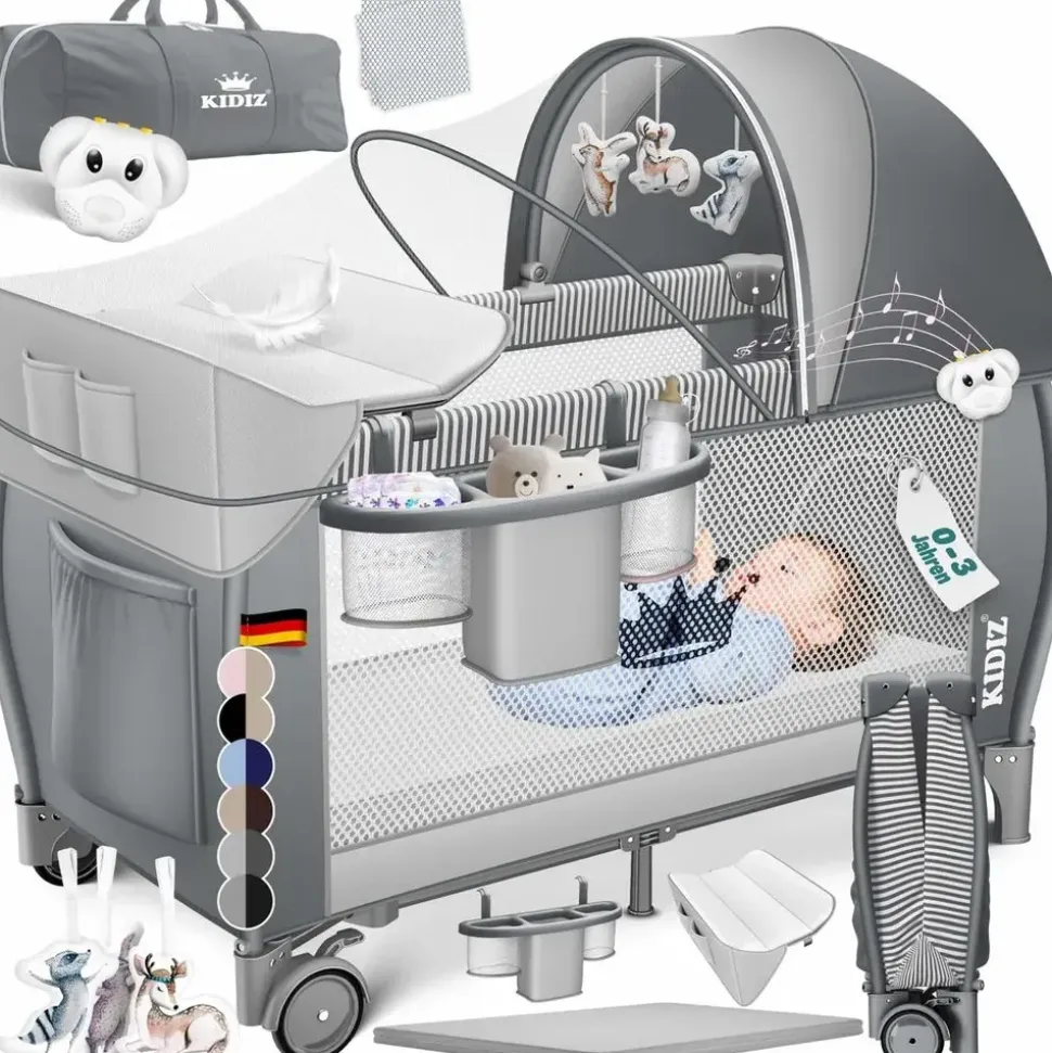 Kidiz KIDIZ® Babybett Reisebett Kinderreisebett Faltbar mit Matratze 120x60, Seiteneingang, Wickelauflage, Mosktionetz, Spielbogen & Tragetasche Baby Beistellbett Kinderbett ab Geburt bis 15 kg