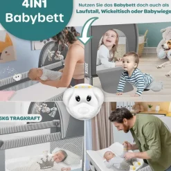 Kidiz KIDIZ® Babybett Reisebett Kinderreisebett Faltbar mit Matratze 120x60, Seiteneingang, Wickelauflage, Mosktionetz, Spielbogen & Tragetasche Baby Beistellbett Kinderbett ab Geburt bis 15 kg