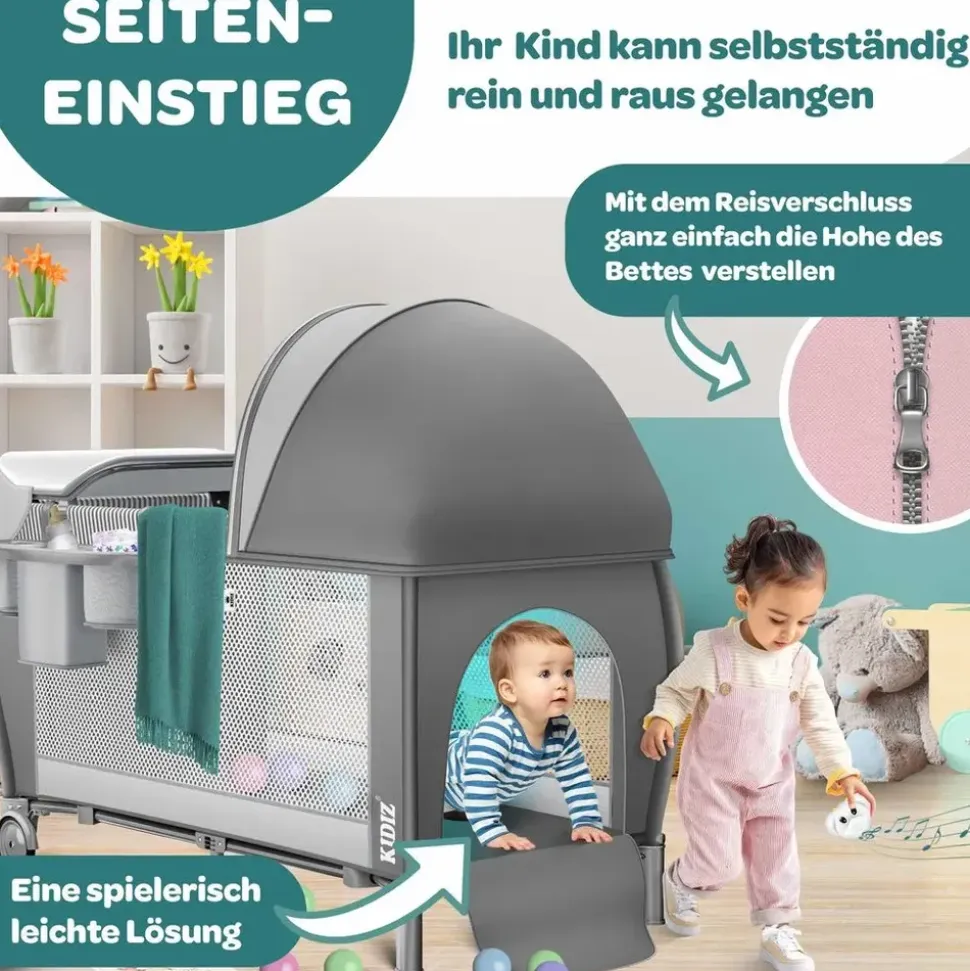 Kidiz KIDIZ® Babybett Reisebett Kinderreisebett Faltbar mit Matratze 120x60, Seiteneingang, Wickelauflage, Mosktionetz, Spielbogen & Tragetasche Baby Beistellbett Kinderbett ab Geburt bis 15 kg