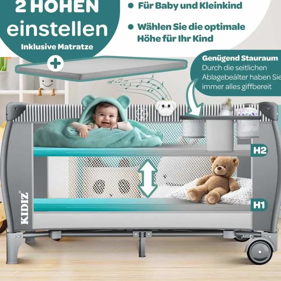 Kidiz KIDIZ® Babybett Reisebett Kinderreisebett Faltbar mit Matratze 120x60, Seiteneingang, Wickelauflage, Mosktionetz, Spielbogen & Tragetasche Baby Beistellbett Kinderbett ab Geburt bis 15 kg