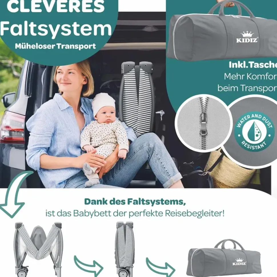 Kidiz KIDIZ® Babybett Reisebett Kinderreisebett Faltbar mit Matratze 120x60, Seiteneingang, Wickelauflage, Mosktionetz, Spielbogen & Tragetasche Baby Beistellbett Kinderbett ab Geburt bis 15 kg