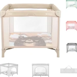 KIKKABOO Laufstall Enjoy, Reisebett klappbar, Matratze, Sichtfenster, Tragetasche beige/braun
