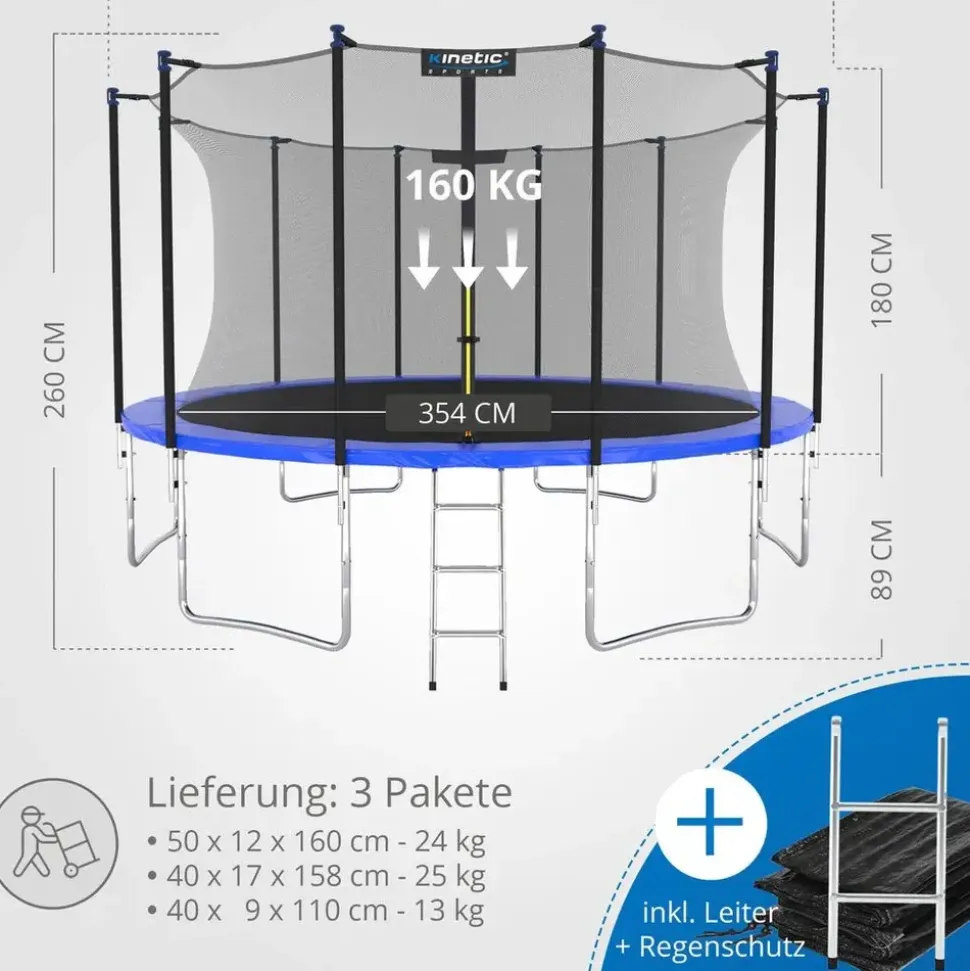 Kinetic Sports Salto Plus 400 cm inkl. Sicherheitsnetz, Regenplane und Leiter Blau