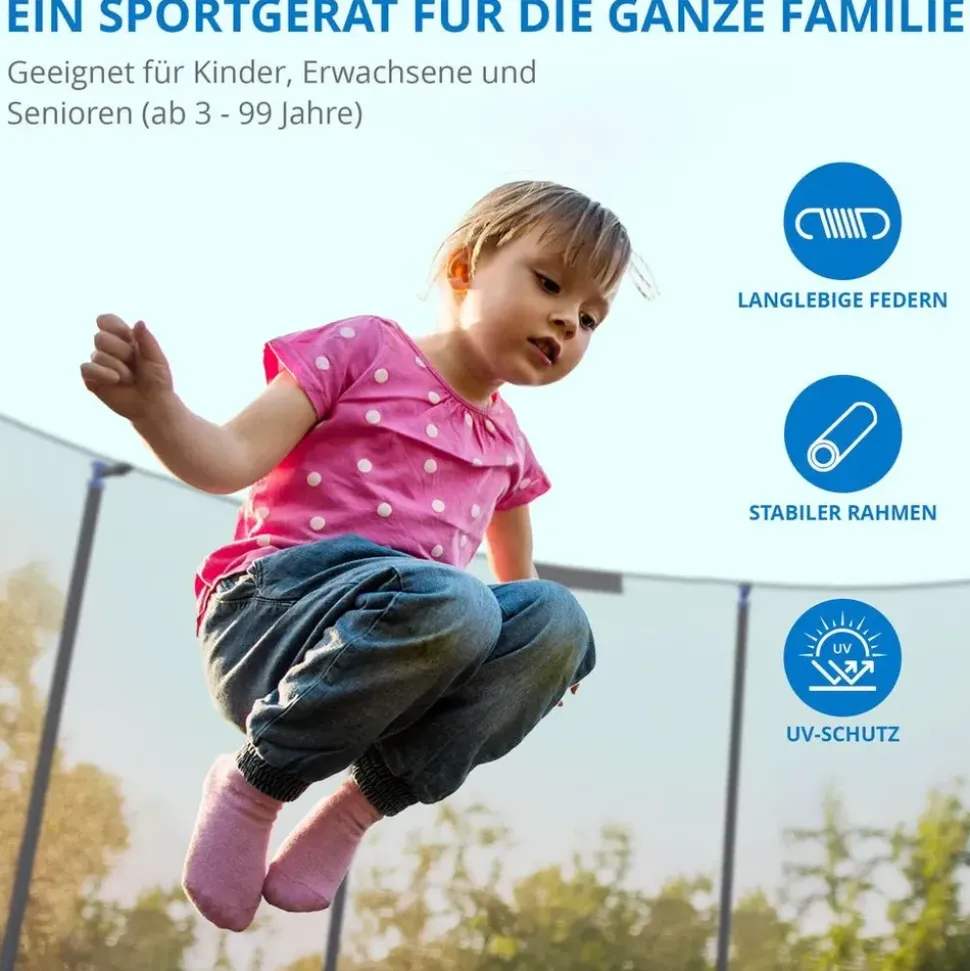 Kinetic Sports Salto Plus 400 cm inkl. Sicherheitsnetz, Regenplane und Leiter Blau
