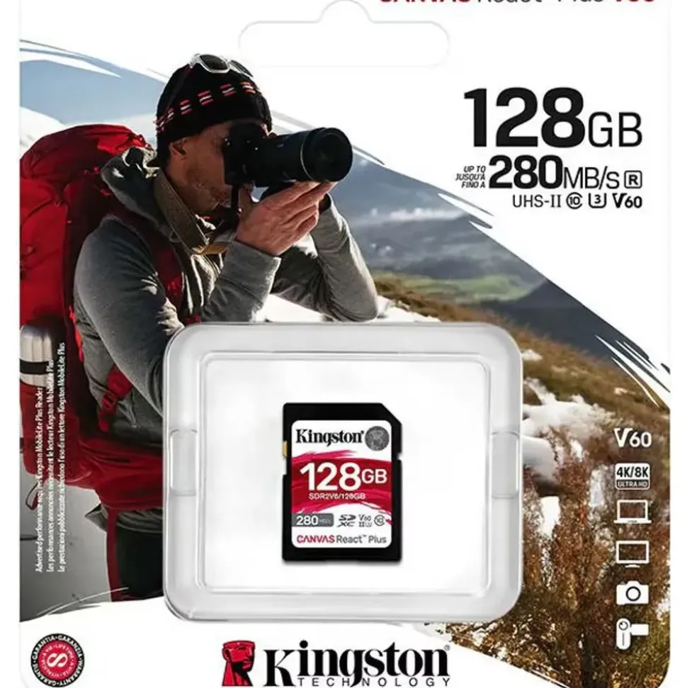 Kingston Canvas React Plus V60 for Full HD/4K, 128 GB, SDXC UHS-II 280R/100W U3 / Class10 - UHS-II, 280 MB/s, 100 MB/s